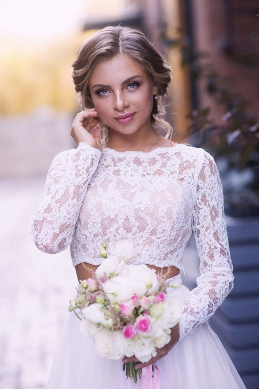 Tulle Boho Wedding Dresses Two Piece Lace Long Sleeves Bridal Gown OW668