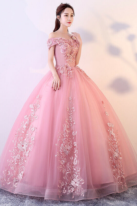 Princess Ball Gown Off-Shoulder Appliques Tulle Prom Quinceanera Dresses PO400