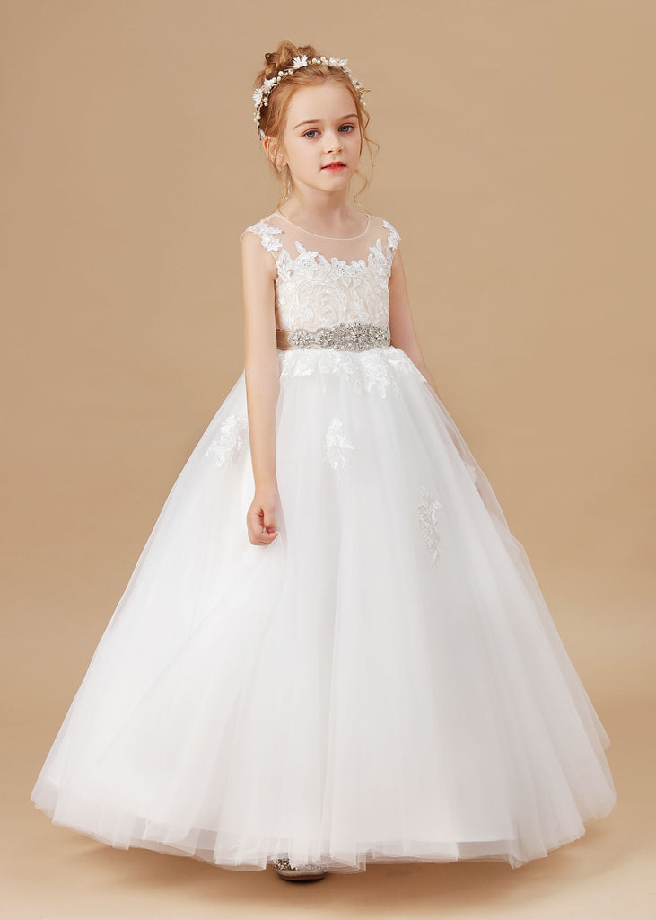 Champagne Bowknot Tulle Satin Ivory Sleeveless Flower Girl Dress