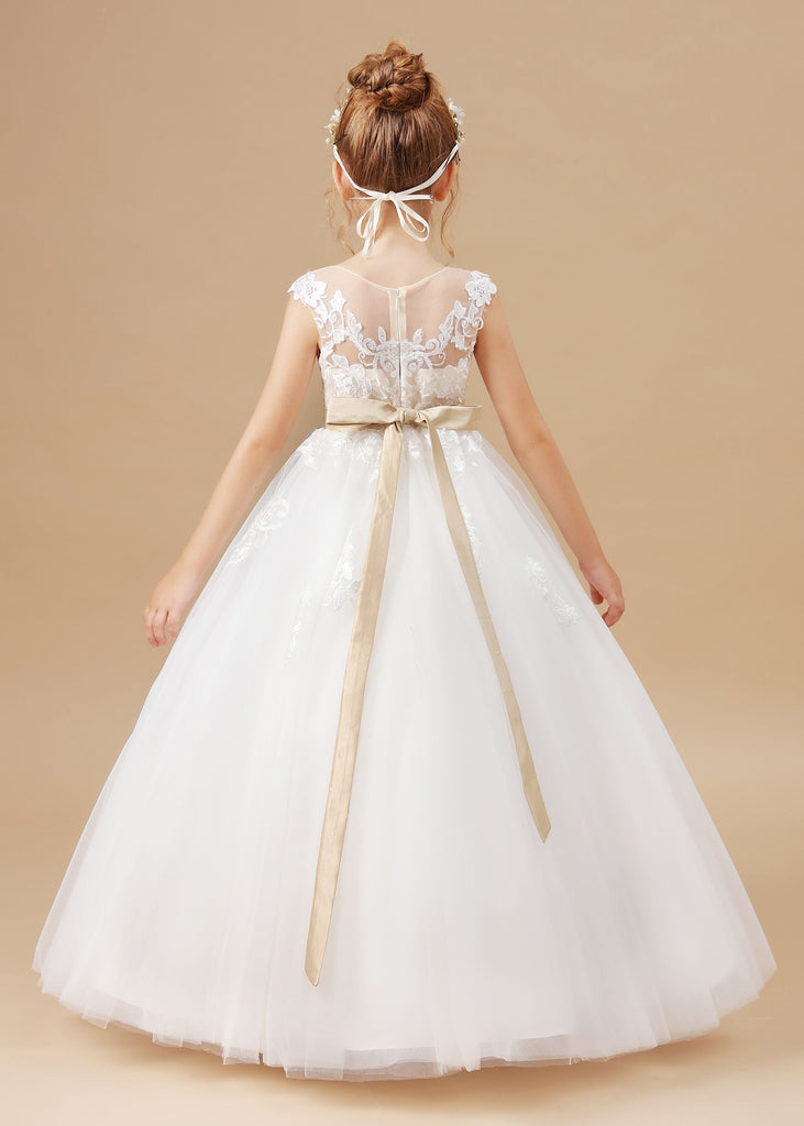 Champagne Bowknot Tulle Satin Ivory Sleeveless Flower Girl Dress