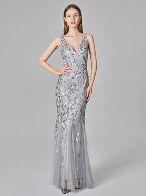 Silver V-neck Evening Dresses Embroidered Sequins Mermaid Prom Dress E90804