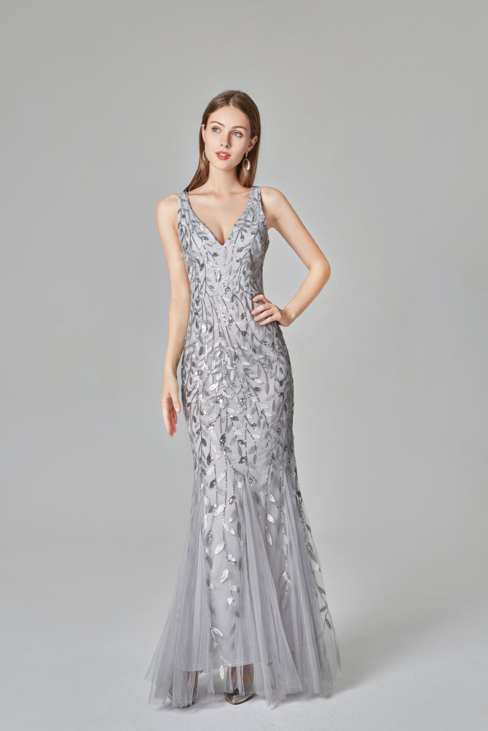 Silver V-neck Evening Dresses Embroidered Sequins Mermaid Prom Dress E90804