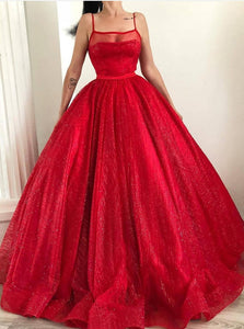 Spaghetti-straps Square Sparkly Red Tulle Ball Gown Long Prom Dresses PO258