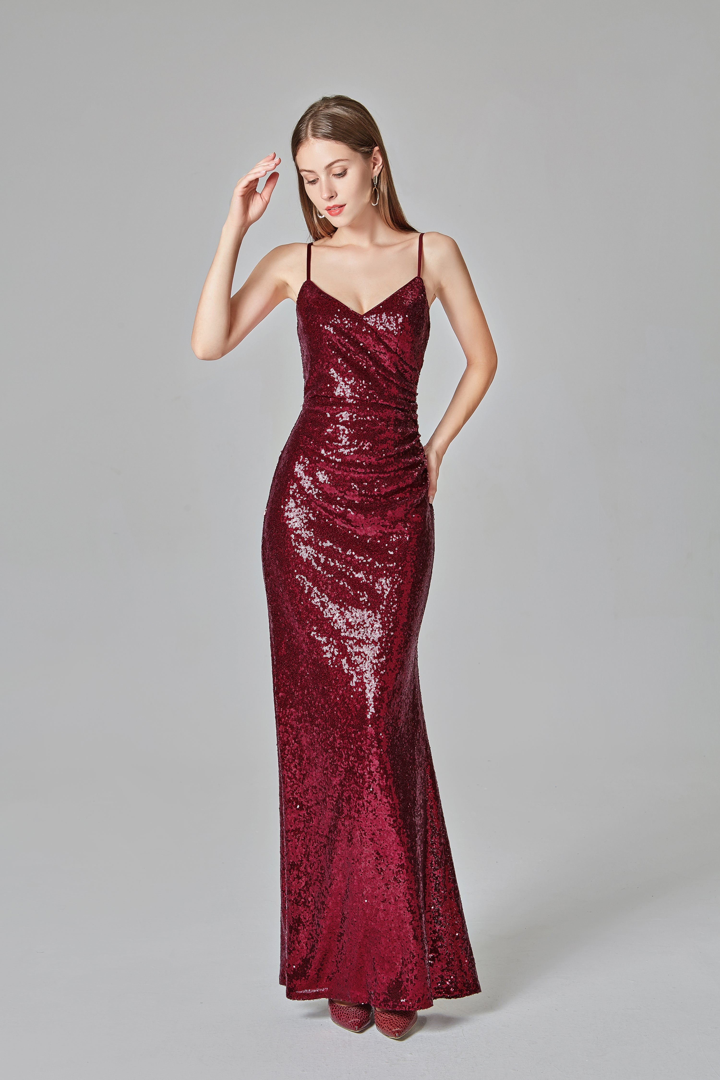 Sexy Burgundy Prom Dresses V-neck Sequined Mermaid Evening Party Dresses E90811