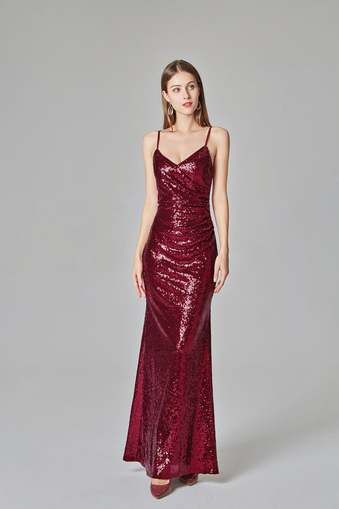 Sexy Burgundy Prom Dresses V-neck Sequined Mermaid Evening Party Dresses E90811