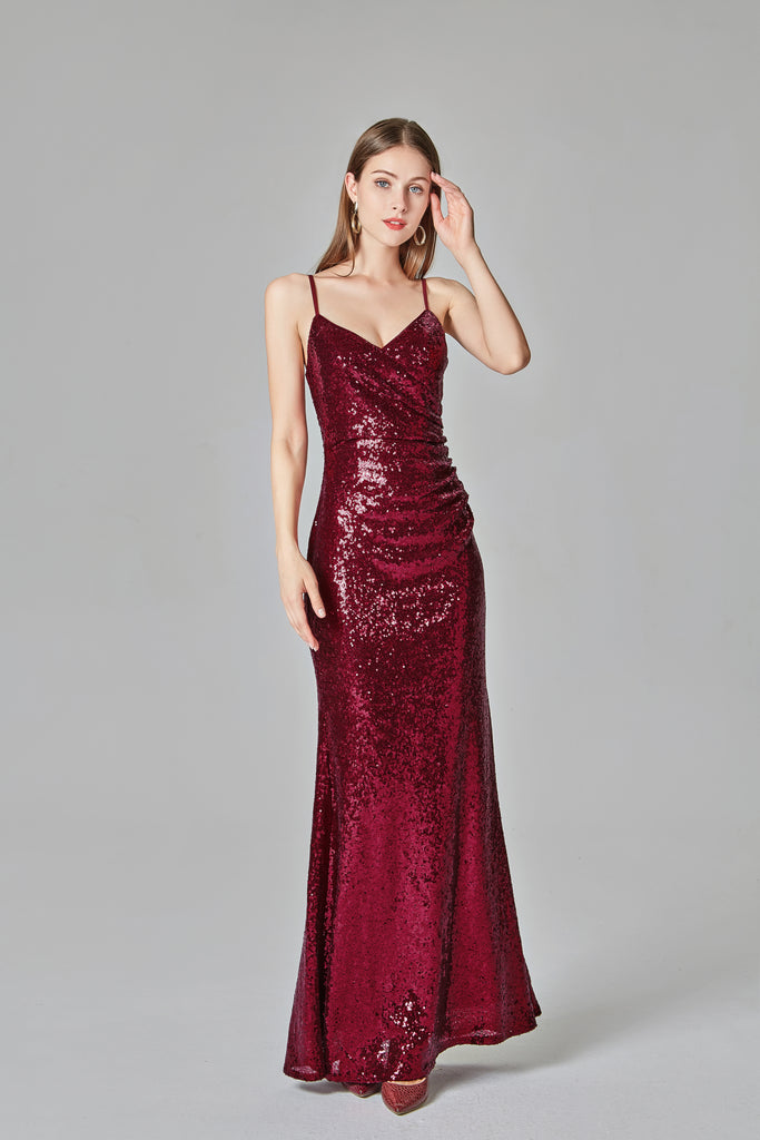 Sexy Burgundy Prom Dresses V-neck Sequined Mermaid Evening Party Dresses E90811