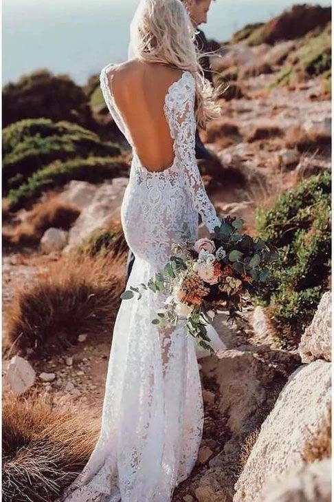 Mermaid V-Neck Long Sleeves Backless Lace Appliques Wedding Dresses