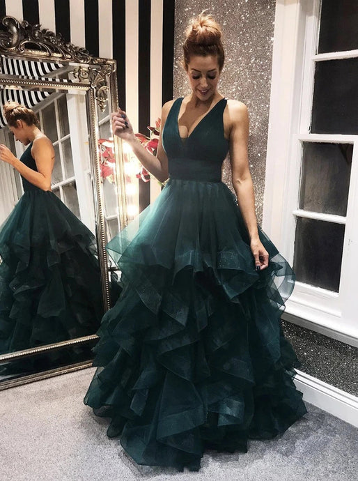 Dark Green Tulle Backless Prom Dresses, Long Evening Dress PO378