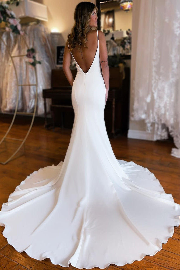 Mermaid V Neck Satin Wedding Dresses with Open Back N079