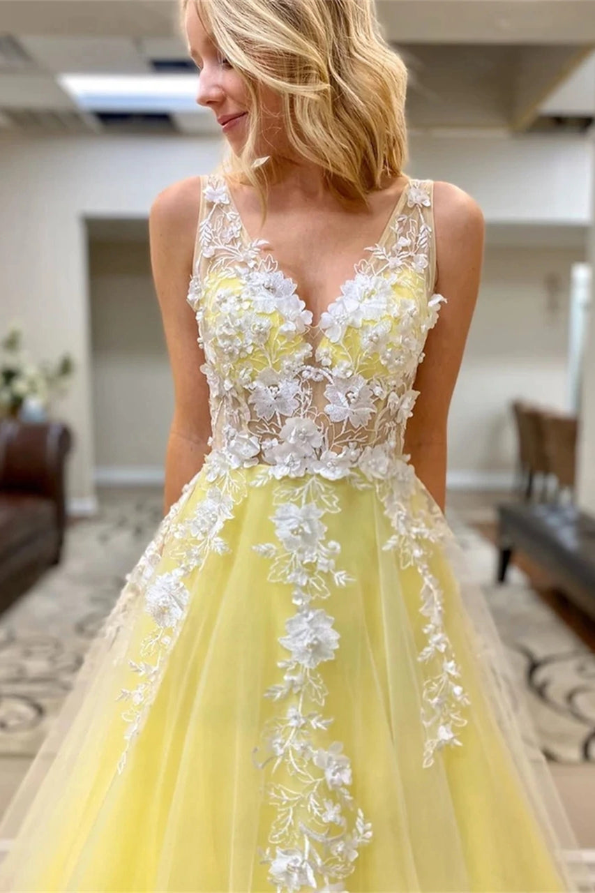 Princess V Neck Daffodil Tulle Long Prom Dresses With Lace Appliques PO357