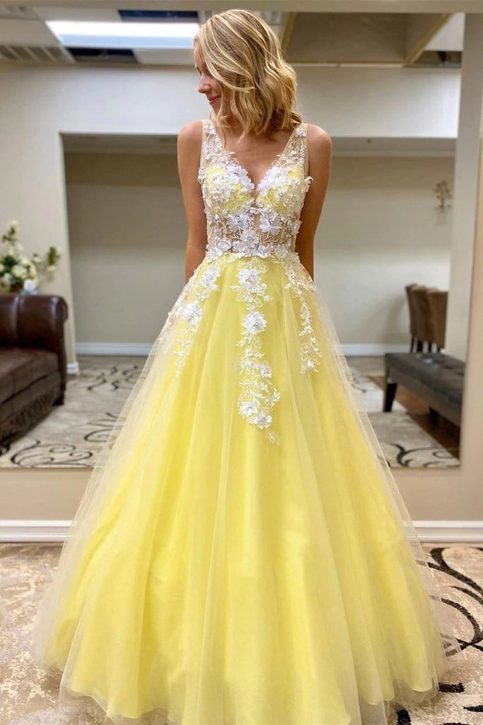 Princess V Neck Daffodil Tulle Long Prom Dresses With Lace Appliques PO357