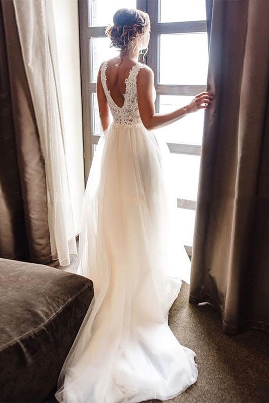 A-line Beach Wedding Dresses Boho Backless Lace Appliques Tulle Wedding Gowns OW660