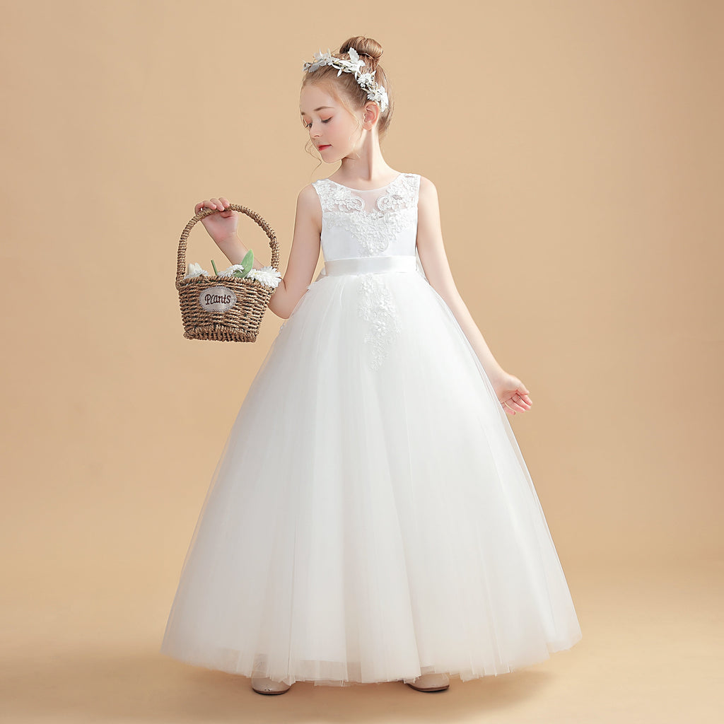 Sleeveless Ivory Tulle Flower Girl Dresses With Bowknot