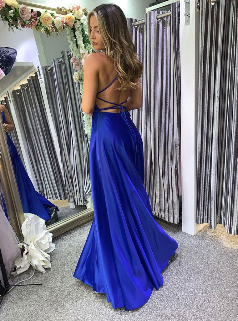Simple Blue Satin Long Prom Dress, Blue Satin Bridesmaid Dress