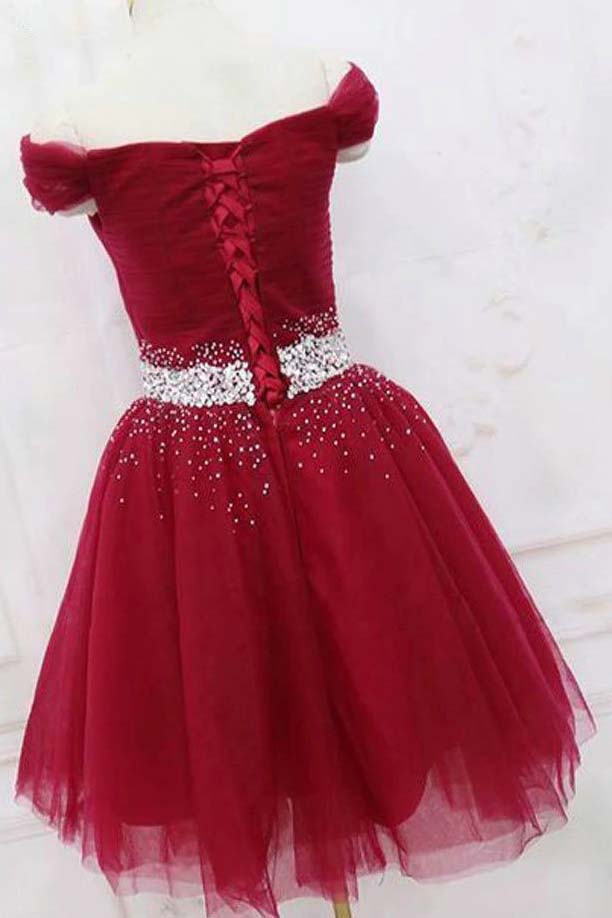 Off Shoulder Burgundy Short Graduation Dresses, Homecoming Dress With Beading OM446