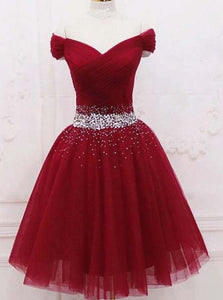 Off Shoulder Burgundy Short Graduation Dresses, Homecoming Dress With Beading OM446