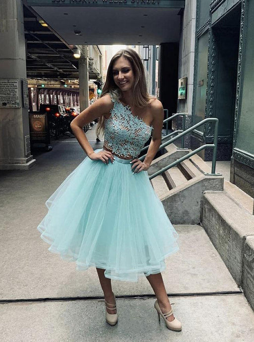 Green tulle two pieces lace short prom dress