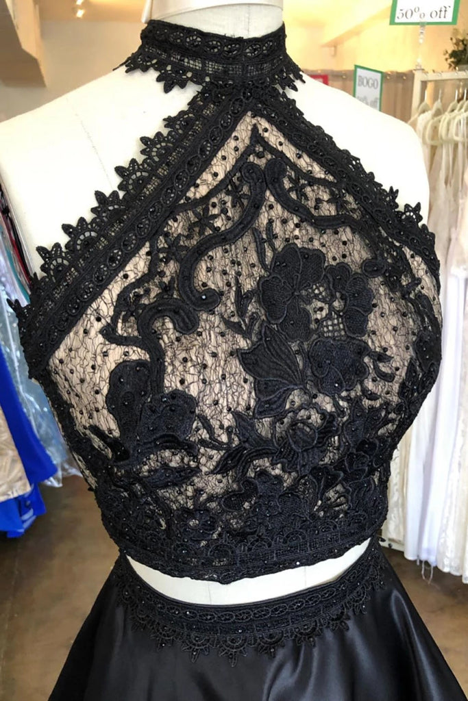 Two Piece Little Black Dress Lace Top Cut Out Satin Party Dress OM493