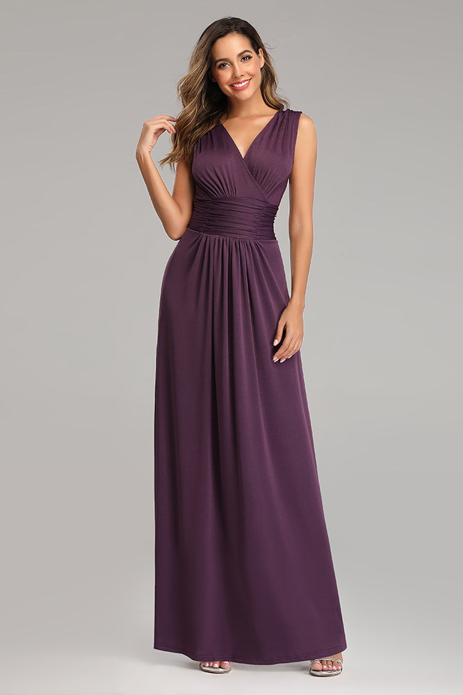 Simple Grape Long Prom Dresses V-neck Evening Dress E90803