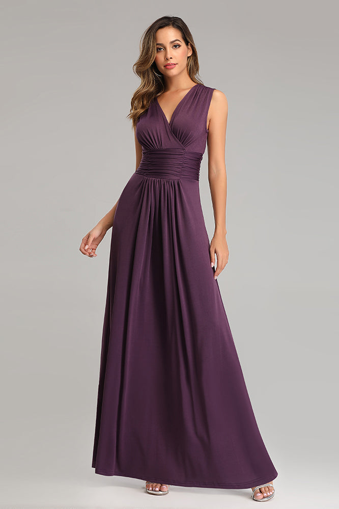 Simple Grape Long Prom Dresses V-neck Evening Dress E90803