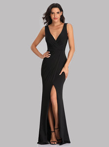 Simple V-neck Black Prom Dresses, Mermaid Evening Dresses With Split E90817