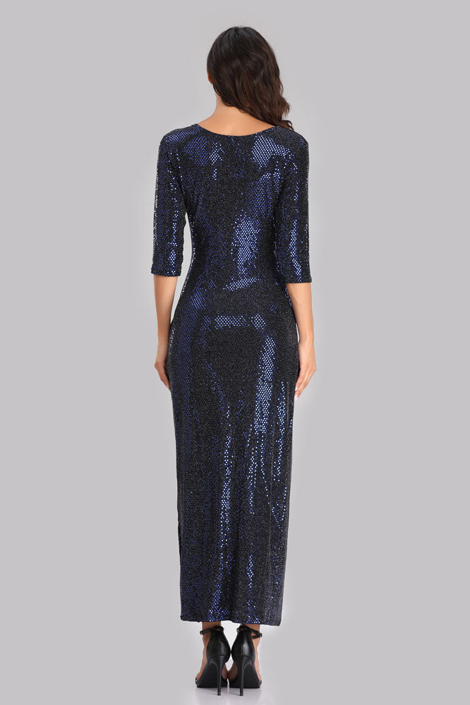 3/4 Sleeves Mermaid V-neck Pleated Split Sequins Evening Party Dress E90820