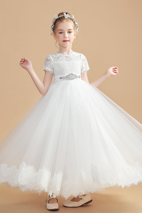 Beading Tulle Short Sleeves Ivory Flower Girl Dress