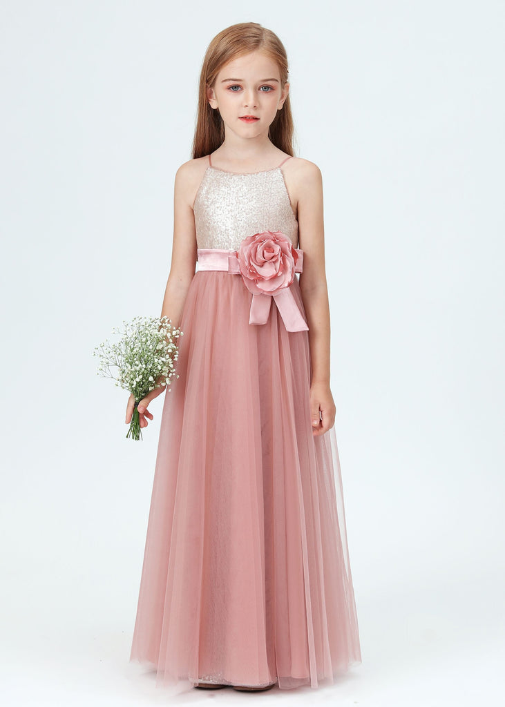 Spaghetti Strap Sequined Tulle  Flower Girl Dress