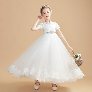 Ivory Beading Tulle Short Sleeves Flower Girl Dress