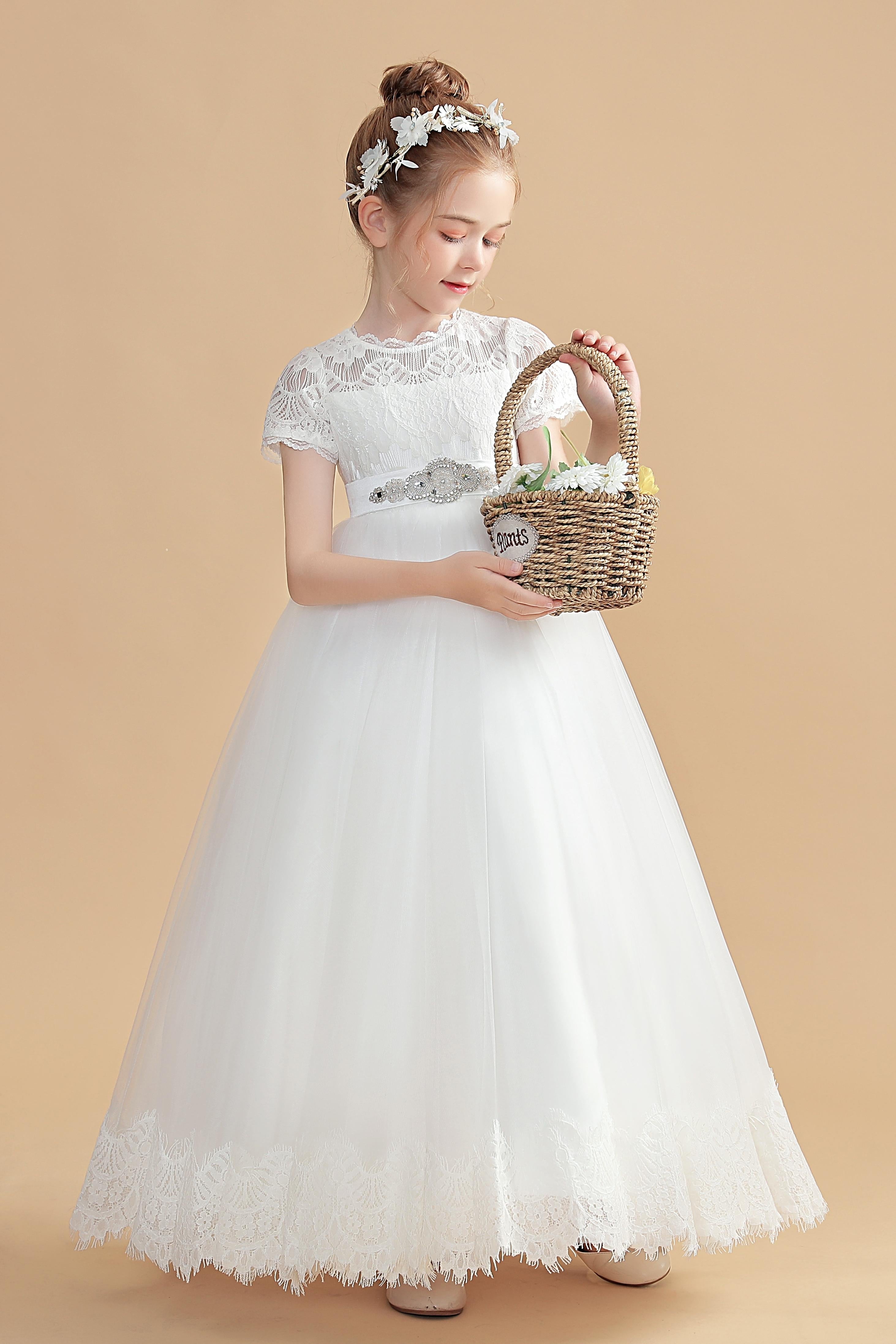 Ivory Beading Tulle Short Sleeves Flower Girl Dress