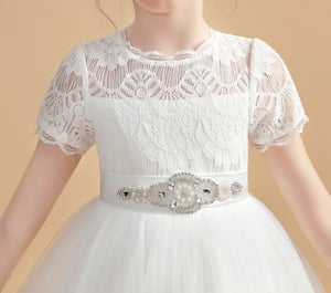 Ivory Beading Tulle Short Sleeves Flower Girl Dress