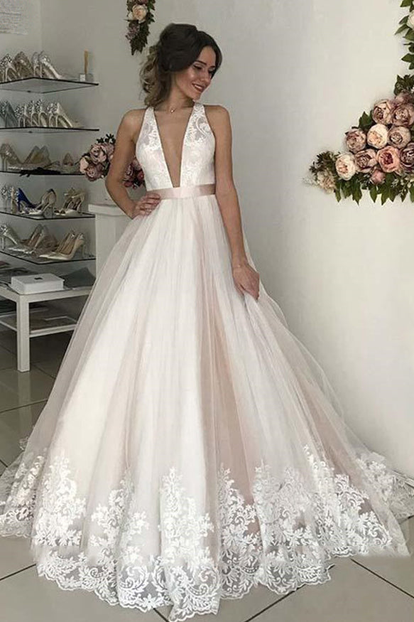 Deep V Neck Backless Wedding Dresses Lace Appliques Bridal Gown OW700