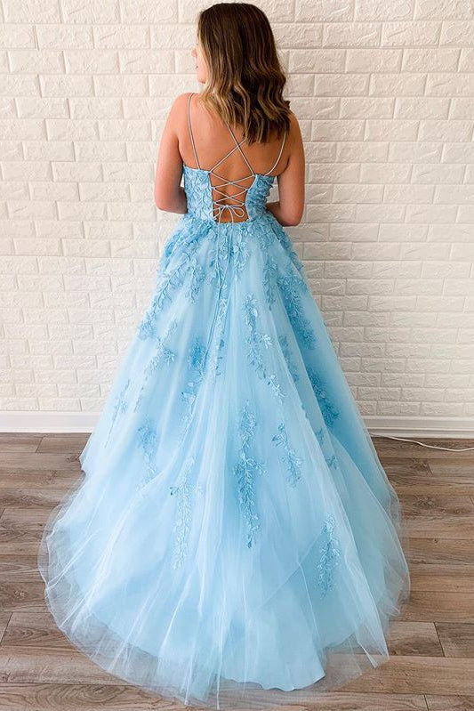 Spaghetti-straps Sky Blue Tulle Long Prom Dresses With Appliques PO164