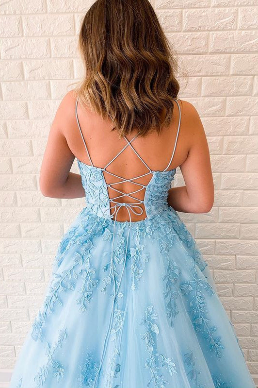 Spaghetti-straps Sky Blue Tulle Long Prom Dresses With Appliques PO164