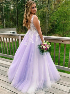 A Line V Neck Lilac Long Prom Dresses Formal Gowns With Appliques