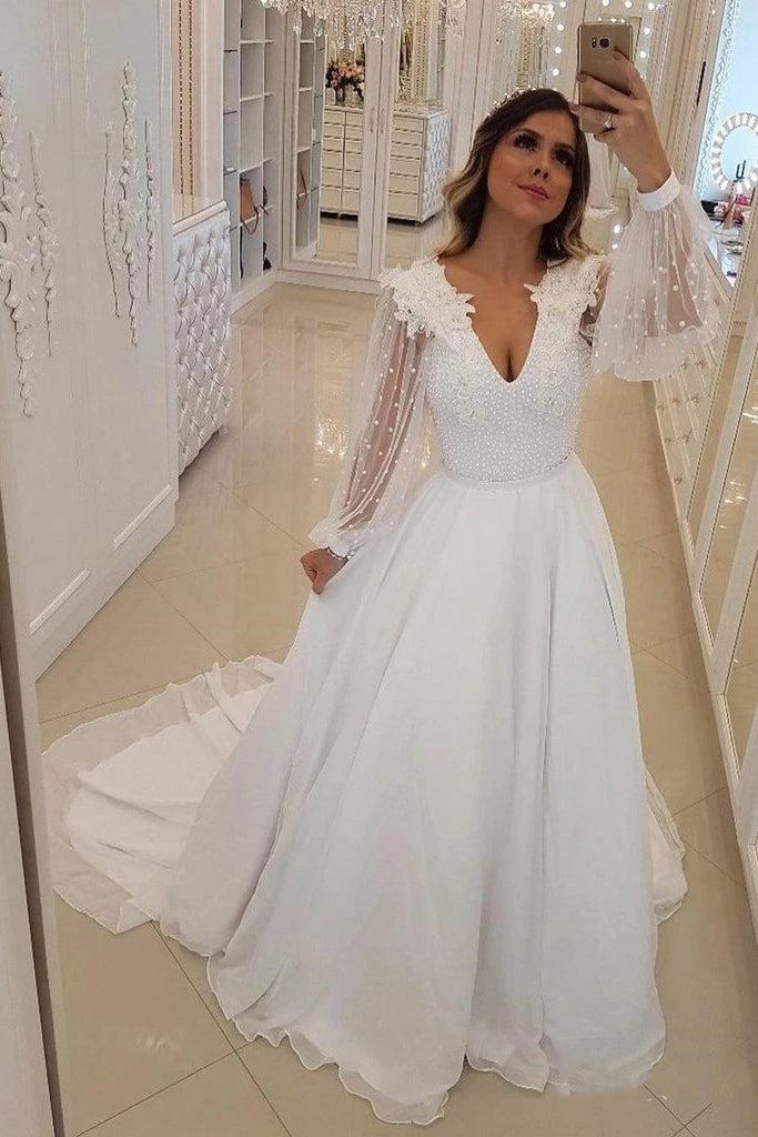 White V Neck Long Sleeve Beaded Appliques Chiffon Wedding Dresses OW693