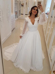 White V Neck Long Sleeve Beaded Appliques Chiffon Wedding Dresses OW693