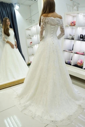 Off Shoulder Long Sleeve Wedding Dresses Lace Appliques Bridal Dresses OW684