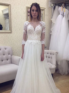 V Neck Lace Appliques 3/4 Sleeve Open Back Wedding Dresses OW679