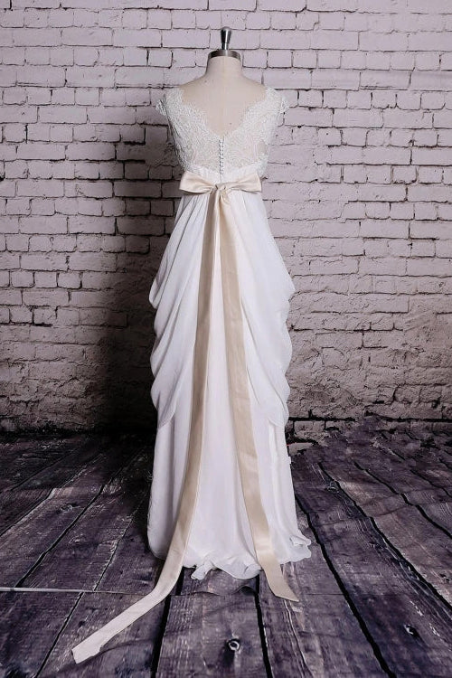 Princess V Neck Cap Sleeve Lace Chiffon Wedding Dresses With Ribbons OW680