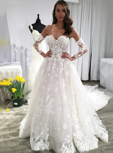 Sweetheart Lace Appliques Backless Wedding Dresses With Sleeves OW699