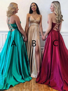 Spaghetti Straps A-line V-neck Lace Up Cheap Long Prom Dresses PO185