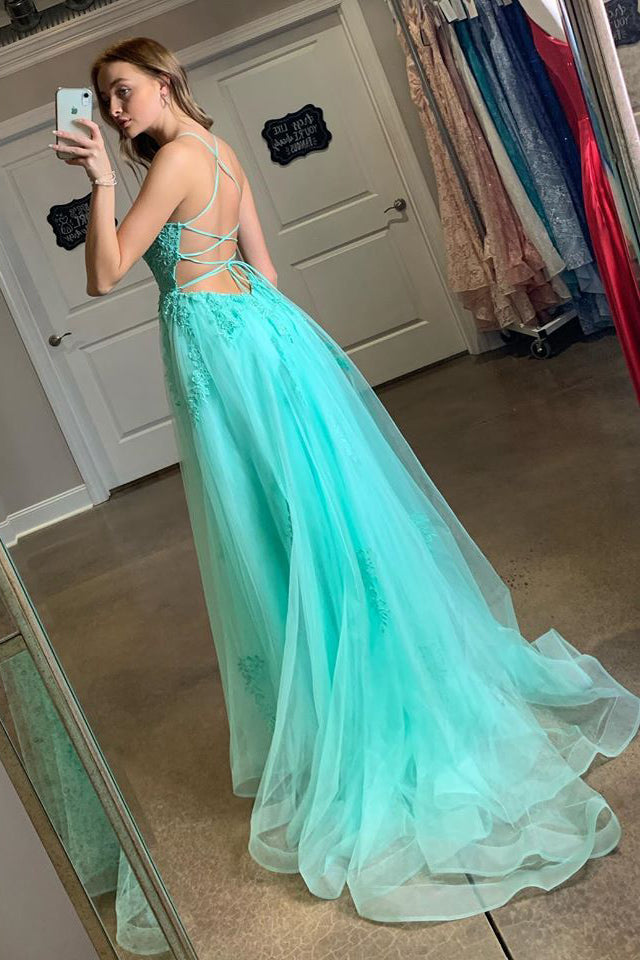 Turquoise Spaghetti Straps Split Evening Dress Appliqued Backless Long Prom Dress PO311