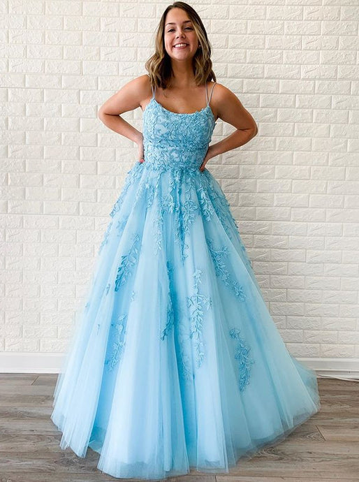 Spaghetti-straps Sky Blue Tulle Long Prom Dresses With Appliques PO164