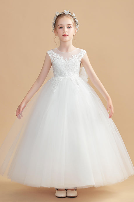 Sleeveless Ivory Long Tulle Flower Girl Dress With Bowknot