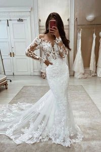 Mermaid Bateau Neck Long Sleeves Lace Appliques Wedding Dresses N021