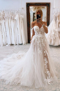 Charming A Line Sweetheart Tulle Wedding Dresses with Appliques N081