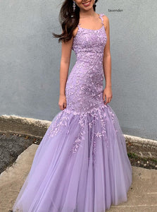 Princess Spaghetti Straps Appliqued Mermaid Prom Dresses Ruffle Formal Dress PO314