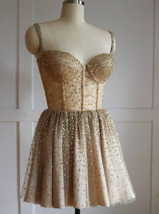 Sparkly Straps Golden Beading Short Prom Homecoming Dress OM220