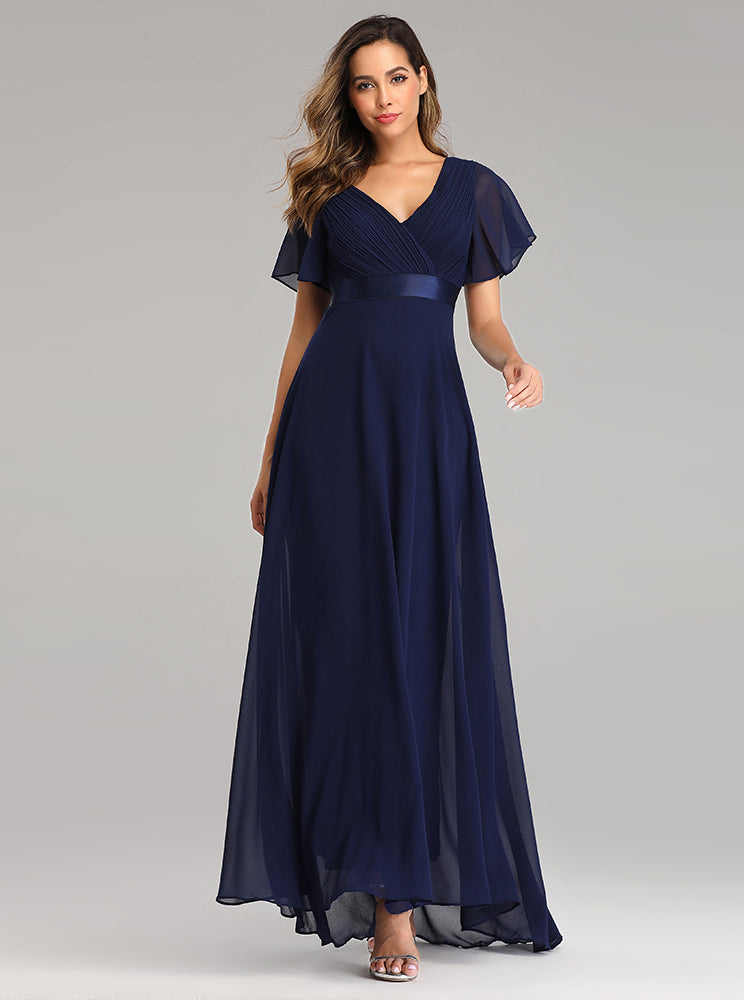 Flowy Chiffon Prom Dresses V-neck Ruffled Sleeve Formal Evening Dress E90812